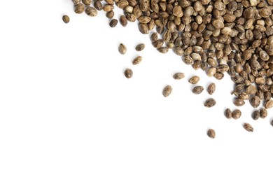 Photo of Hemp seeds on white background, top view