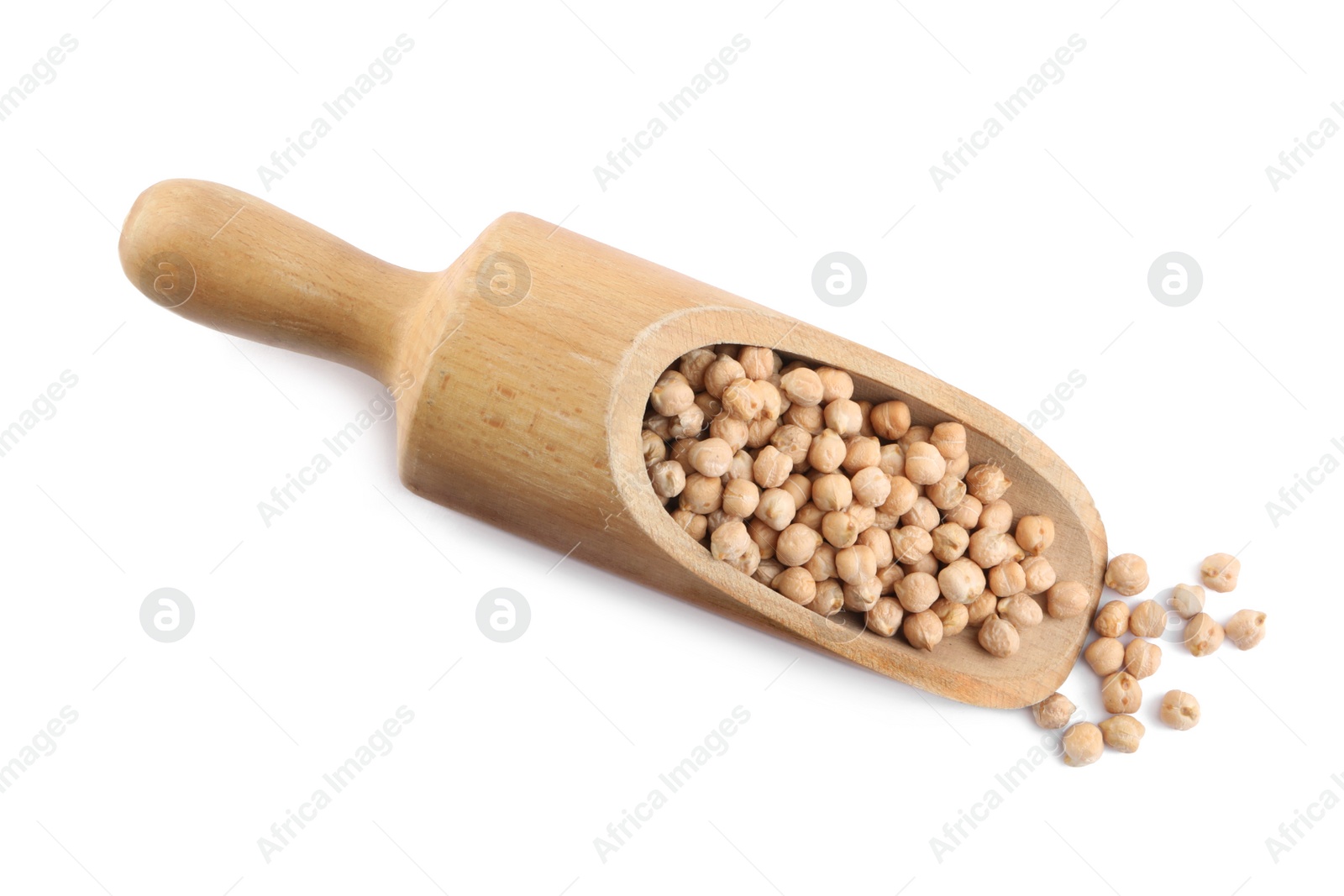 Photo of Wooden scoop with chickpeas on white background, top view. Natural food