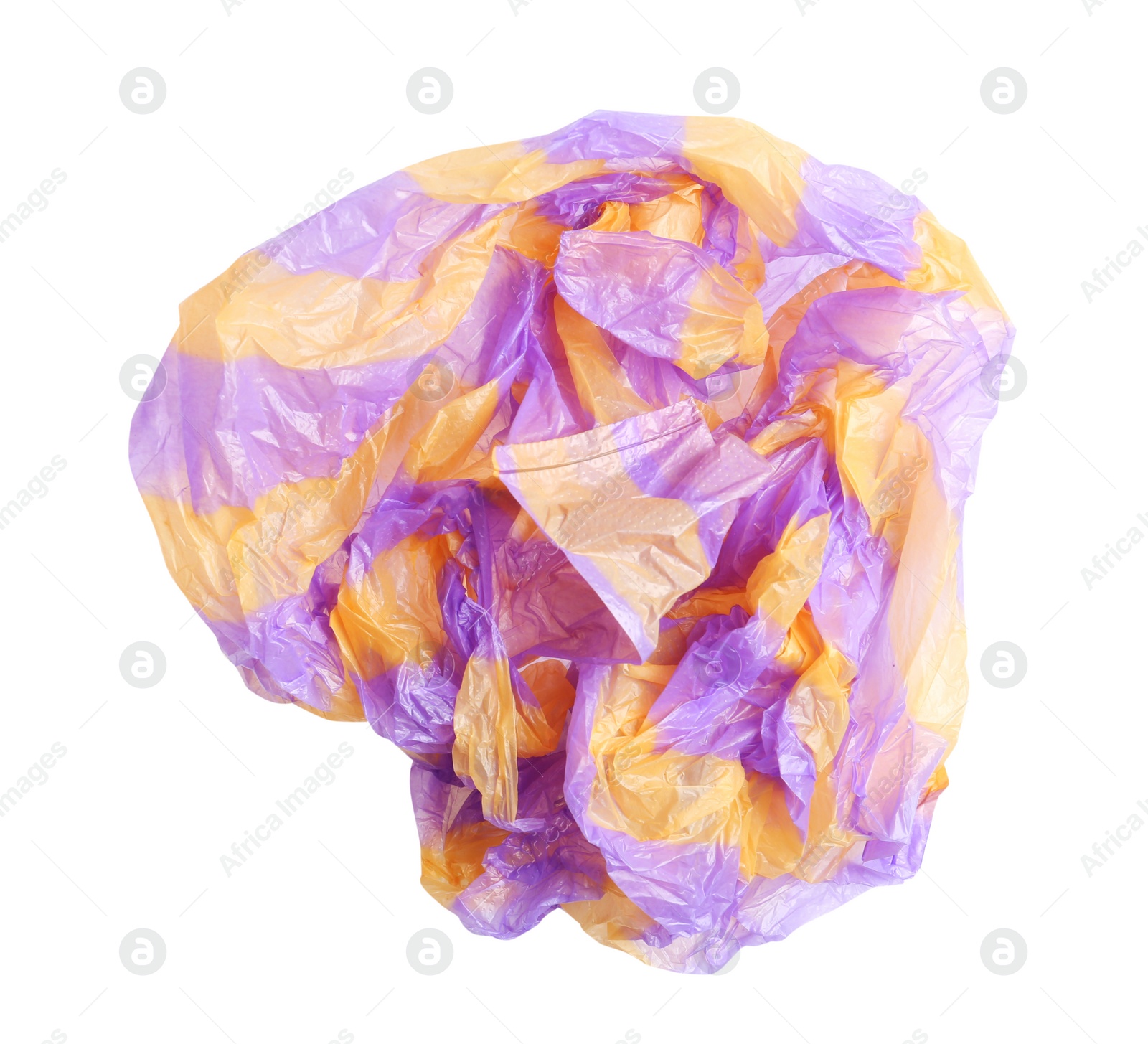 Photo of Crumpled plastic bag isolated on white, top view