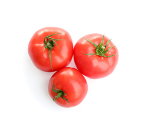 Photo of Fresh ripe organic tomatoes isolated on white, top view