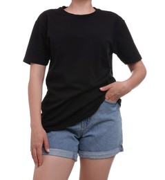 Photo of Woman in stylish black t-shirt on white background, closeup