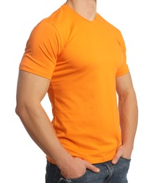 Photo of Man wearing orange t-shirt on white background, closeup. Mockup for design