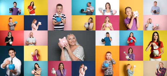Image of Collage with photos of people holding piggy banks on different color backgrounds. Banner design