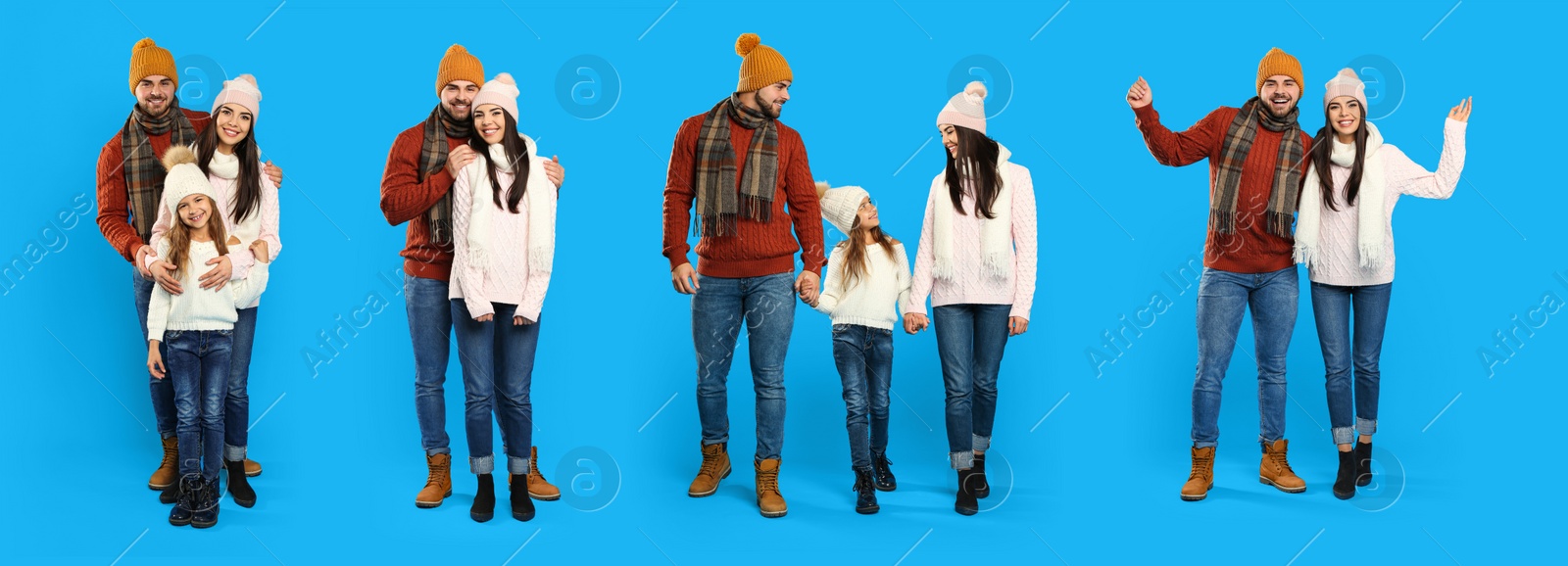 Image of Collage with photos of couple wearing warm clothes on blue background, banner design. Winter vacation