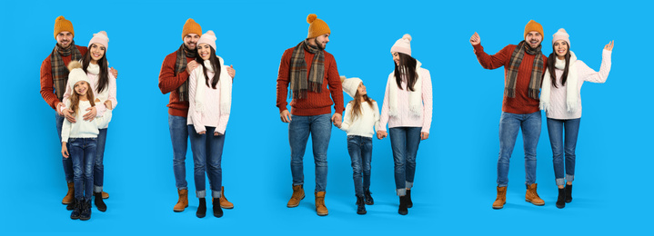 Collage with photos of couple wearing warm clothes on blue background, banner design. Winter vacation