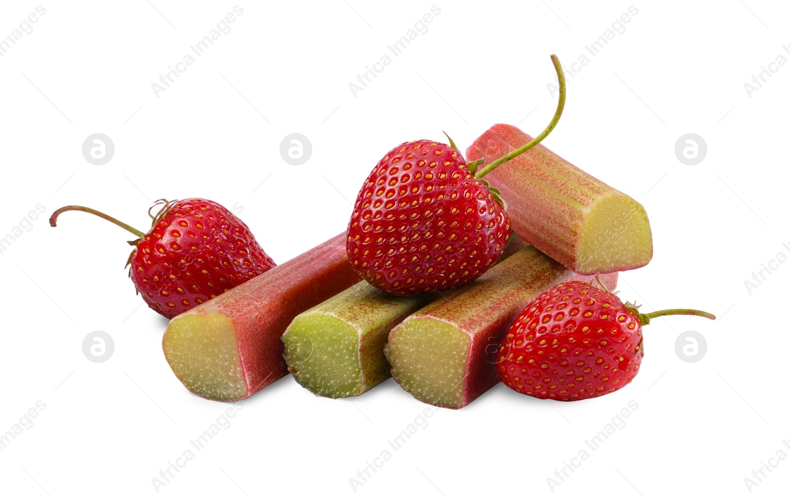 Photo of Stalks of fresh rhubarb and strawberries isolated on white