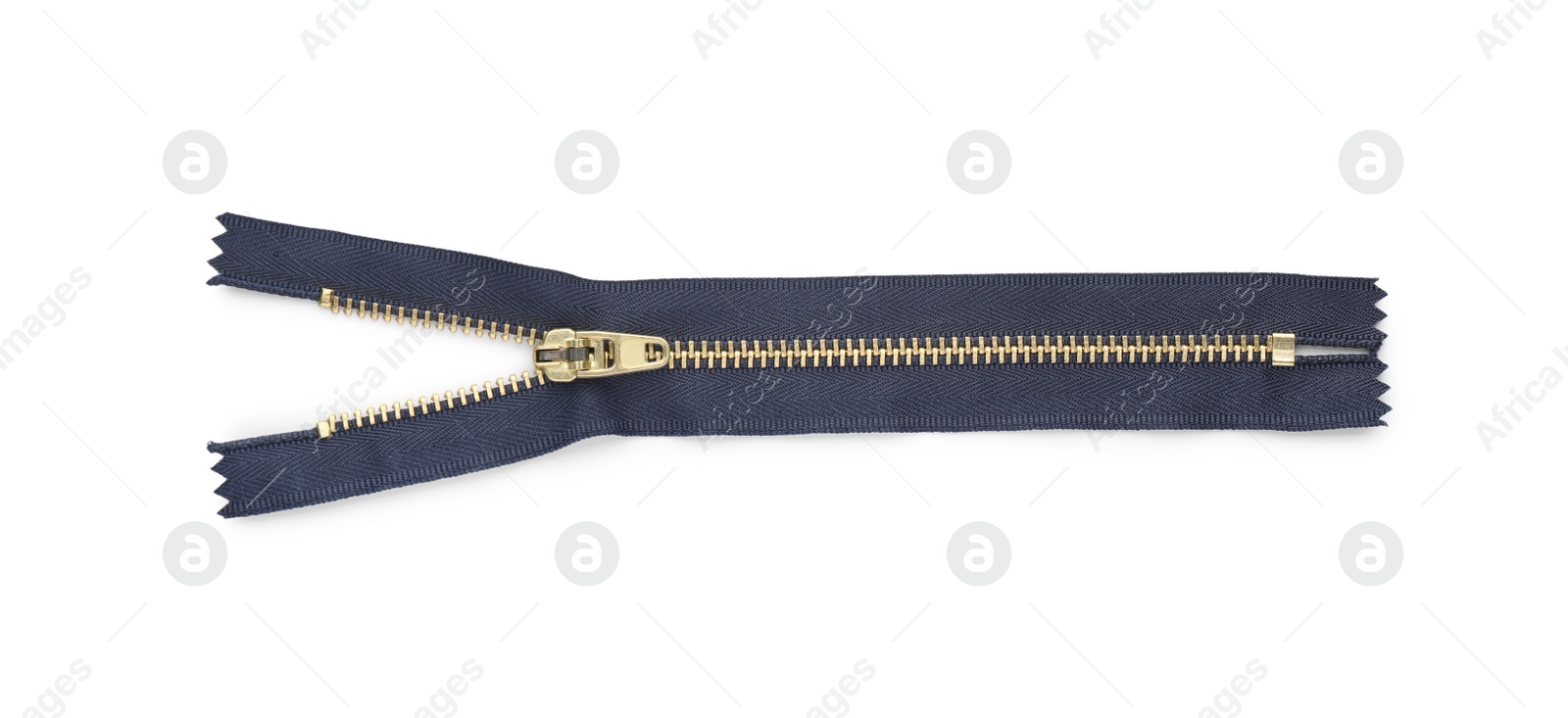 Photo of Dark blue zipper isolated on white, top view