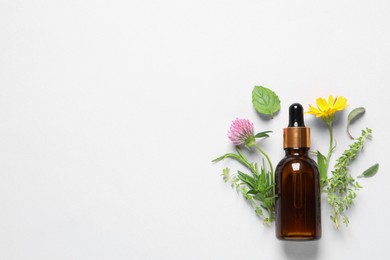 Bottle of essential oil, different herbs and flowers on white background, flat lay. Space for text