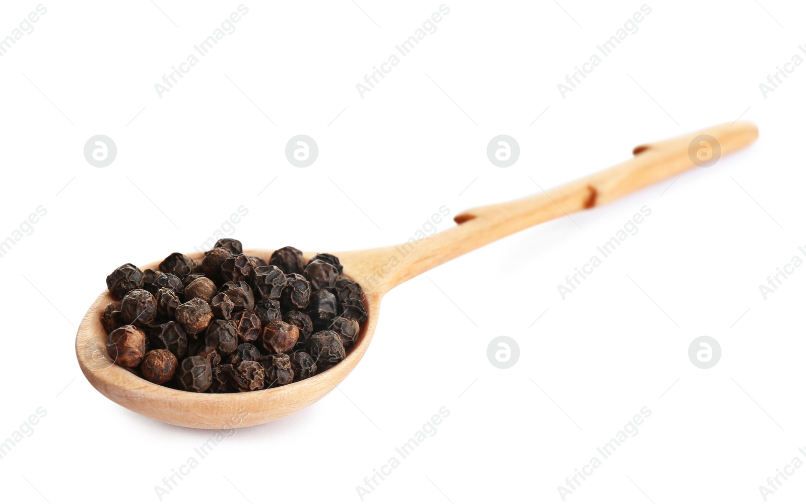 Photo of Spoon of black peppercorns isolated on white