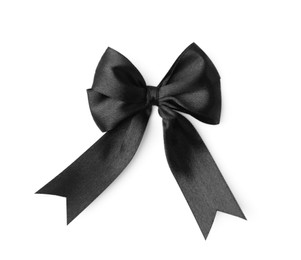 Photo of Black satin ribbon bow isolated on white, top view