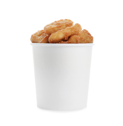 Bucket with tasty chicken nuggets isolated on white