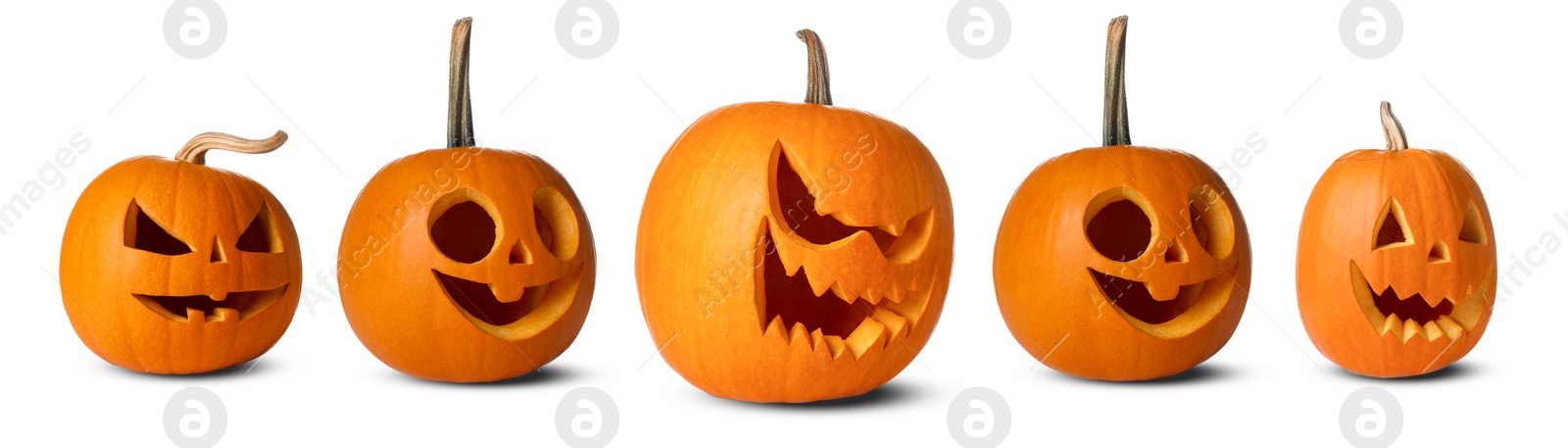 Image of Many pumpkins with carved spooky faces isolated on white, collection. Decoration for Halloween