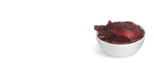 Bowl of delicious beef jerky on white background. Banner design