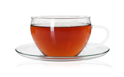 Aromatic tea in glass cup isolated on white