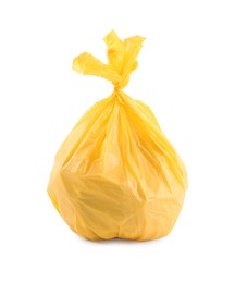 Photo of Yellow plastic garbage bag isolated on white