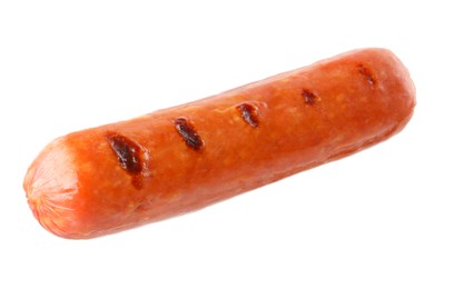 Photo of Tasty grilled sausage isolated on white. Ingredient for hot dog