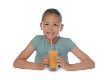 Cute happy girl with glass of juice and straw isolated on white