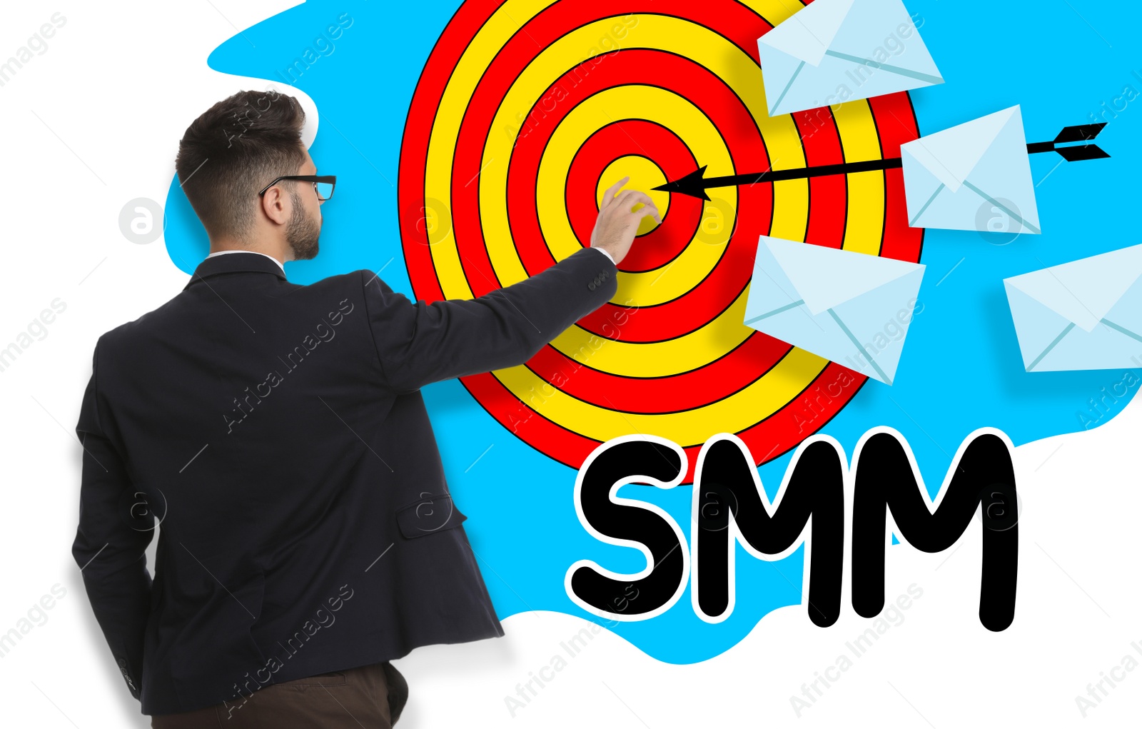 Image of Social media marketing. Man in business attire, abbreviation SMM, dart board, arrow and letters illustrations on white background