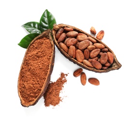 Photo of Composition with cocoa products on white background, top view