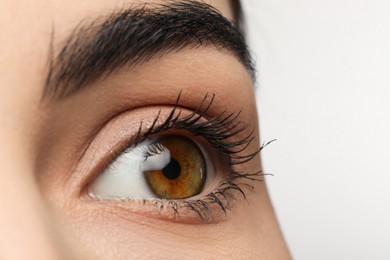 Beautiful young woman against white background, closeup. Focus on eye