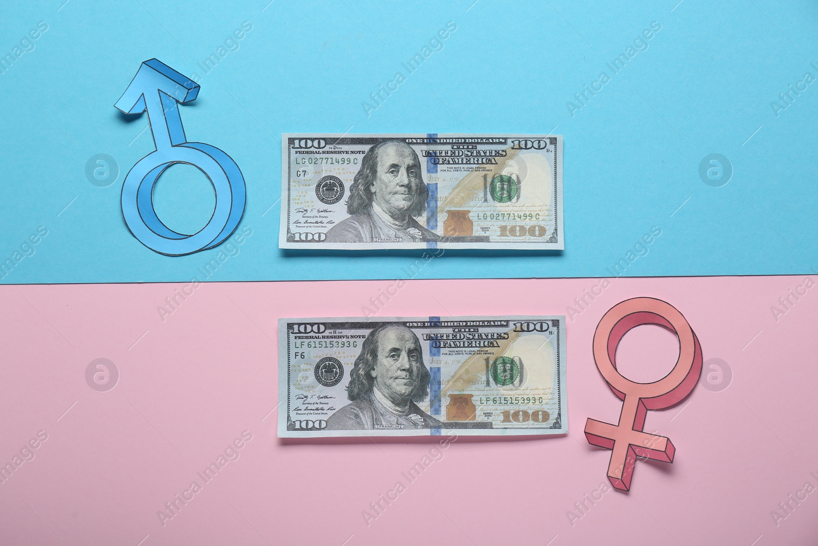 Photo of Gender pay gap. Male and female symbols with dollar banknotes on color background, flat lay