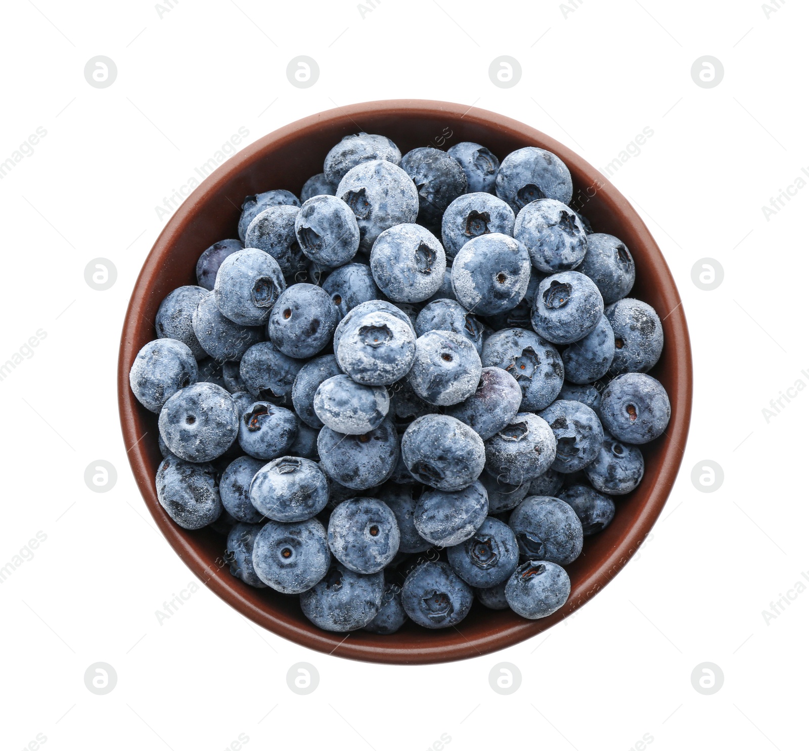 Photo of Tasty frozen blueberries in bowl isolated on white, top view