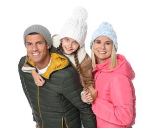 Photo of Happy family with daughter in warm clothes on white background