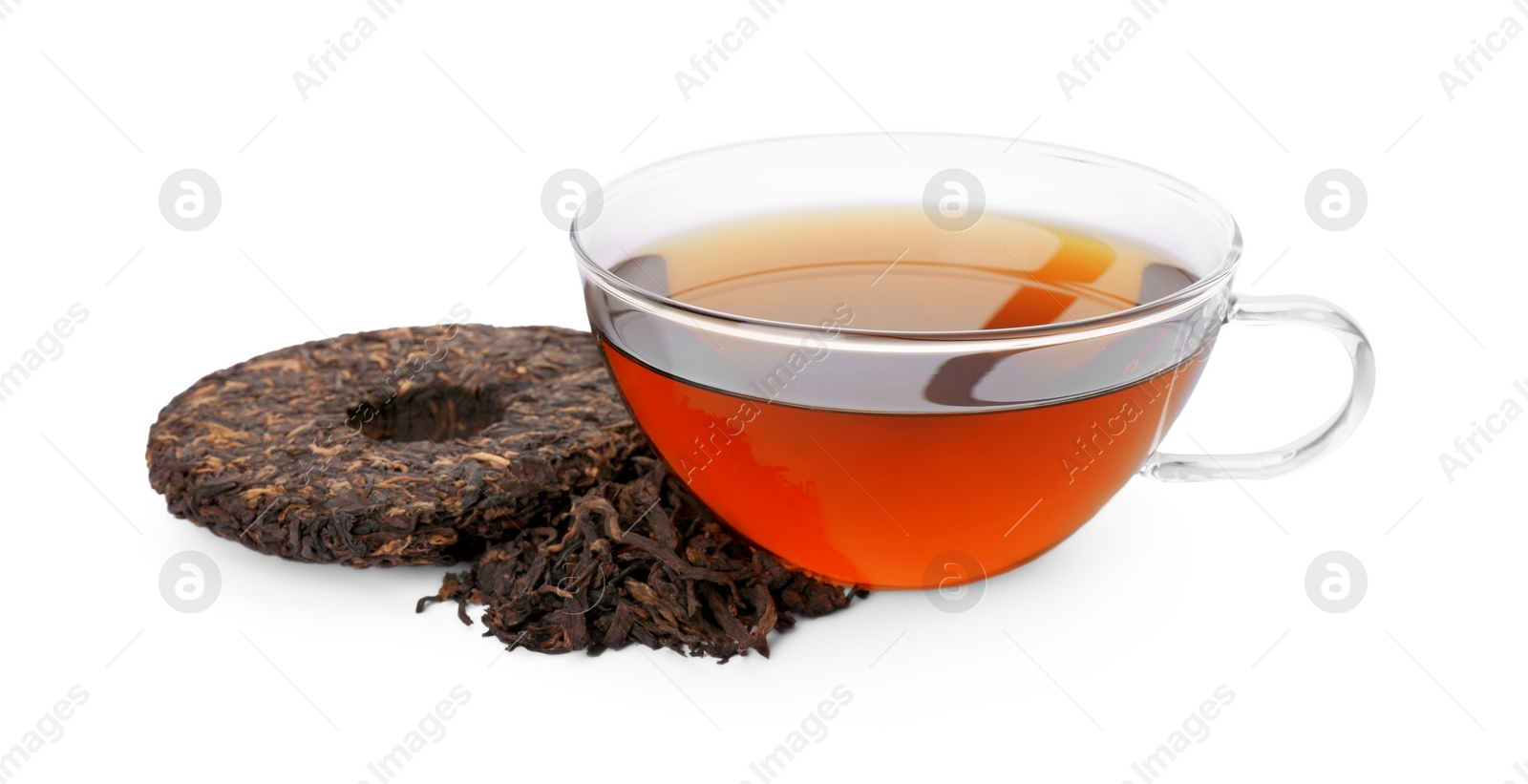 Photo of Traditional Chinese pu-erh tea and freshly brewed beverage isolated on white