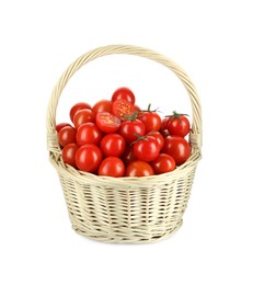 Wicker basket with fresh ripe cherry tomatoes isolated on white
