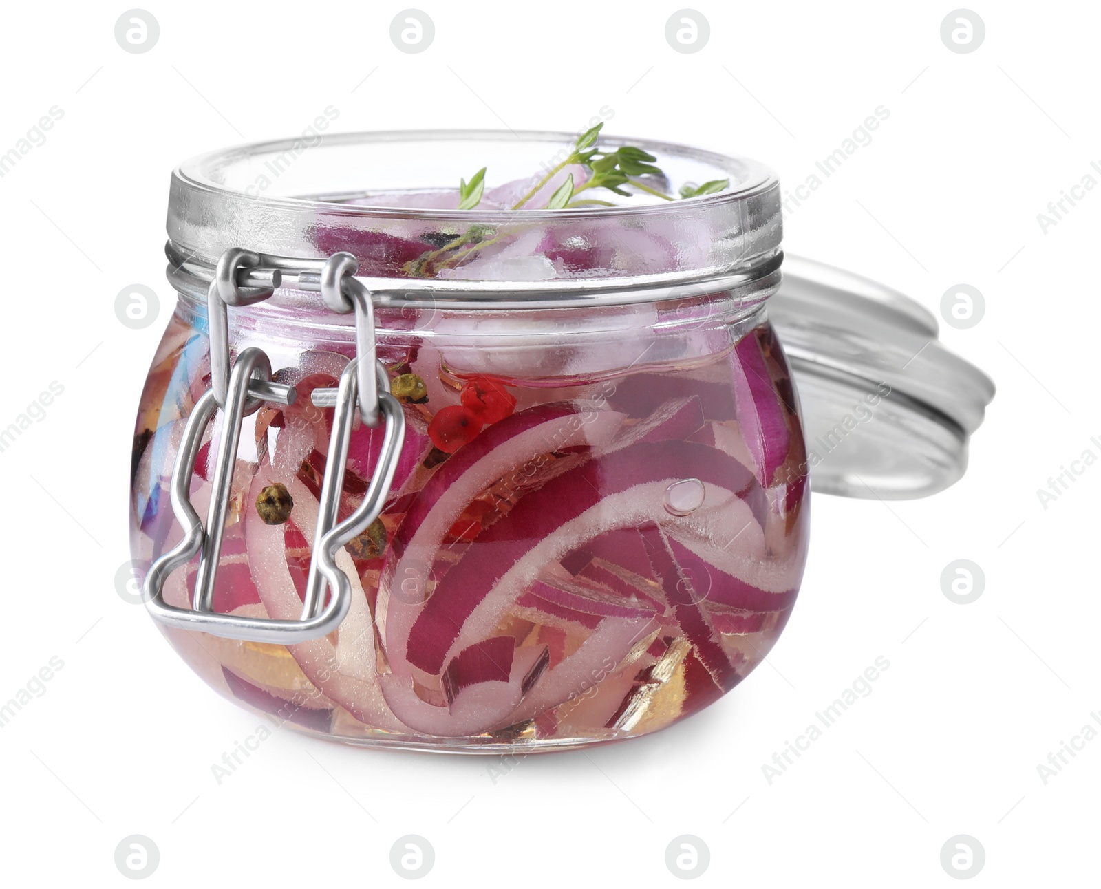 Photo of Jar of pickled onions isolated on white