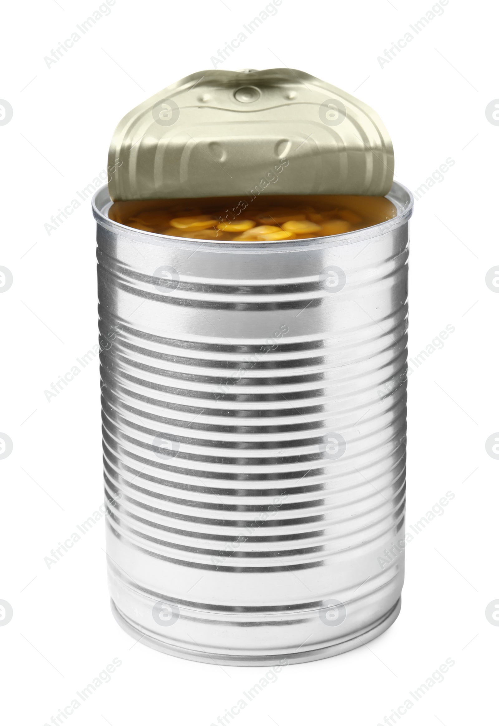 Photo of Open tin can of corn kernels isolated on white