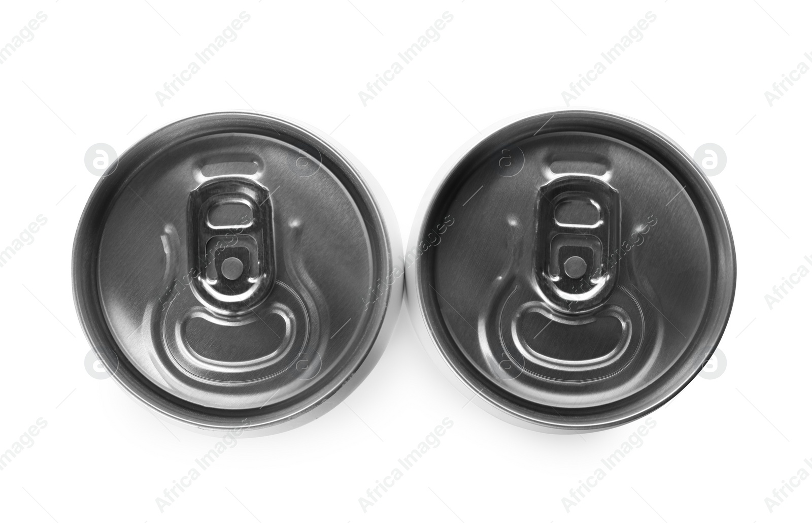 Photo of Top view of aluminum cans with beverage on white background