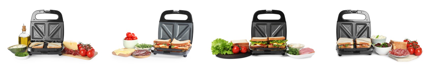 Image of Set with grill makers, tasty sandwiches and different products on white background. Banner design