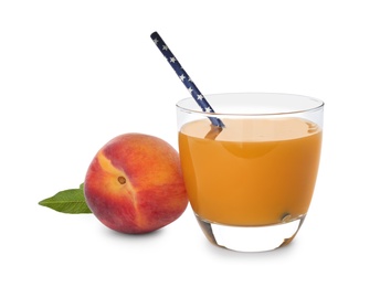 Photo of Freshly made tasty peach juice on white background