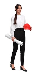 Photo of Architect with hard hat and draft on white background