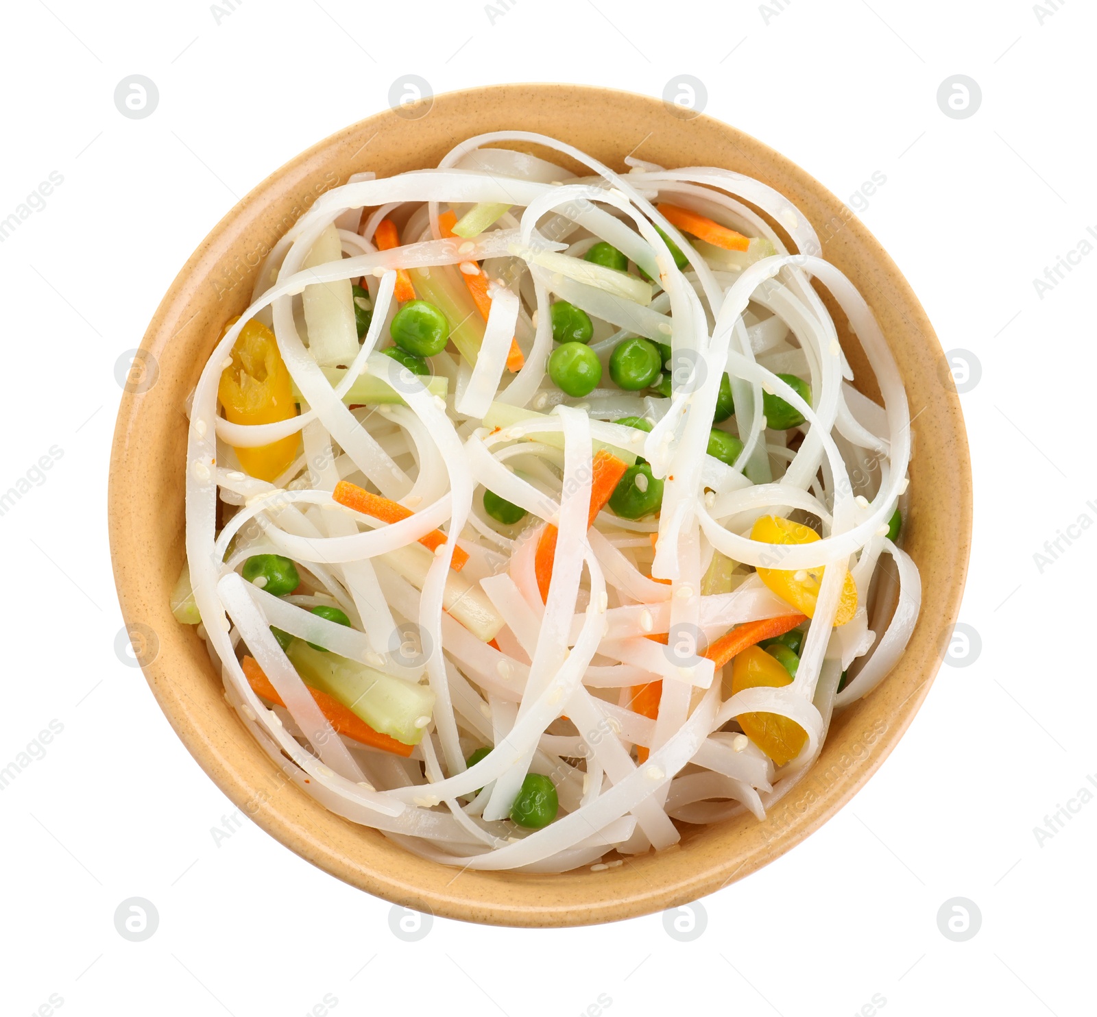 Photo of Bowl of rice noodles with vegetables isolated on white, top view