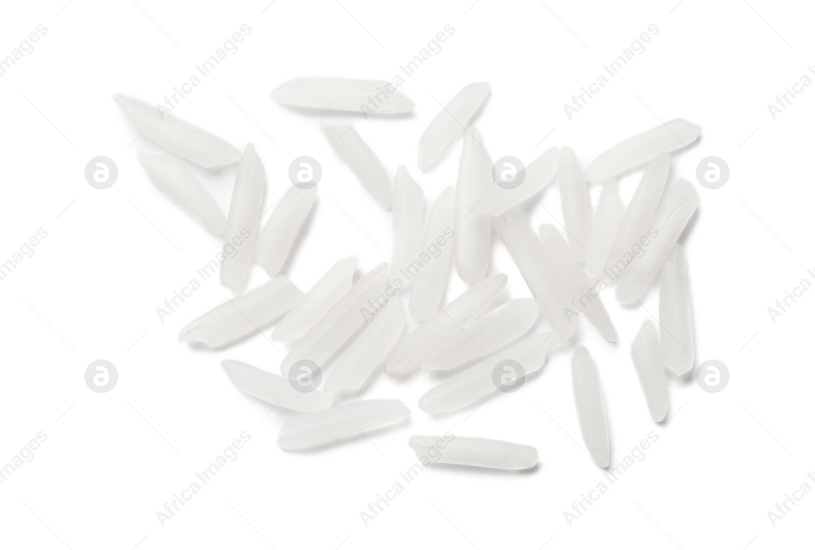 Photo of Seeds of raw basmati rice isolated on white, top view