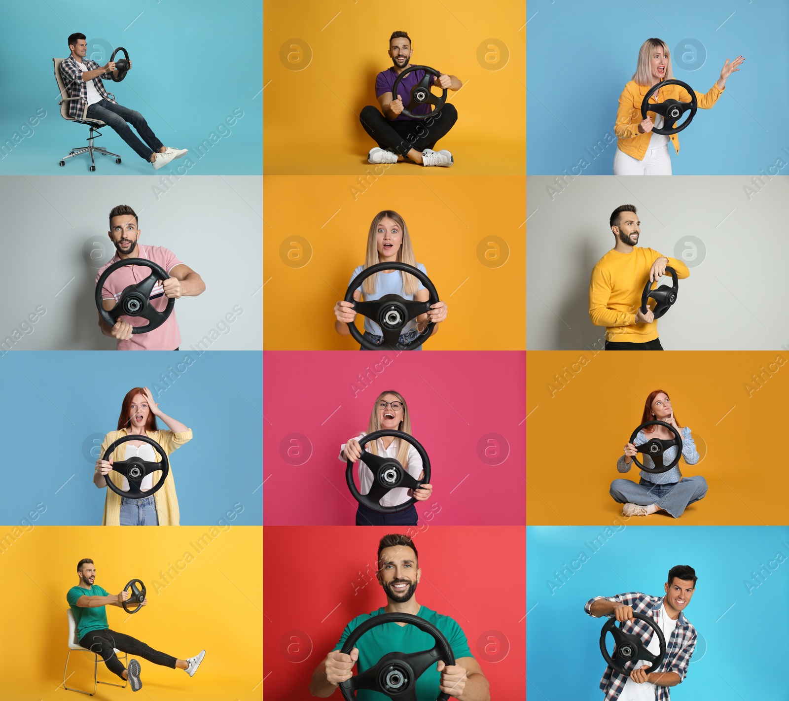 Image of Emotional people with steering wheels on different color backgrounds, collage 