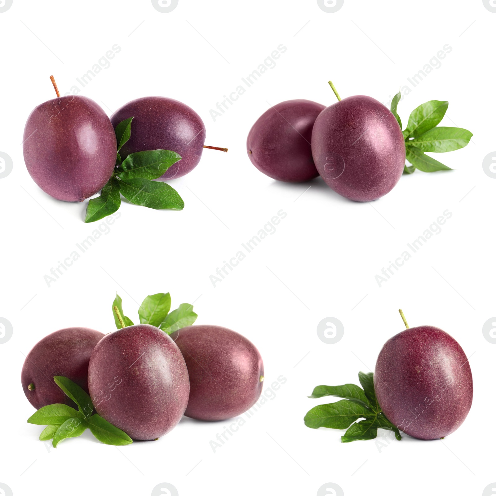 Image of Set with delicious passion fruits on white background