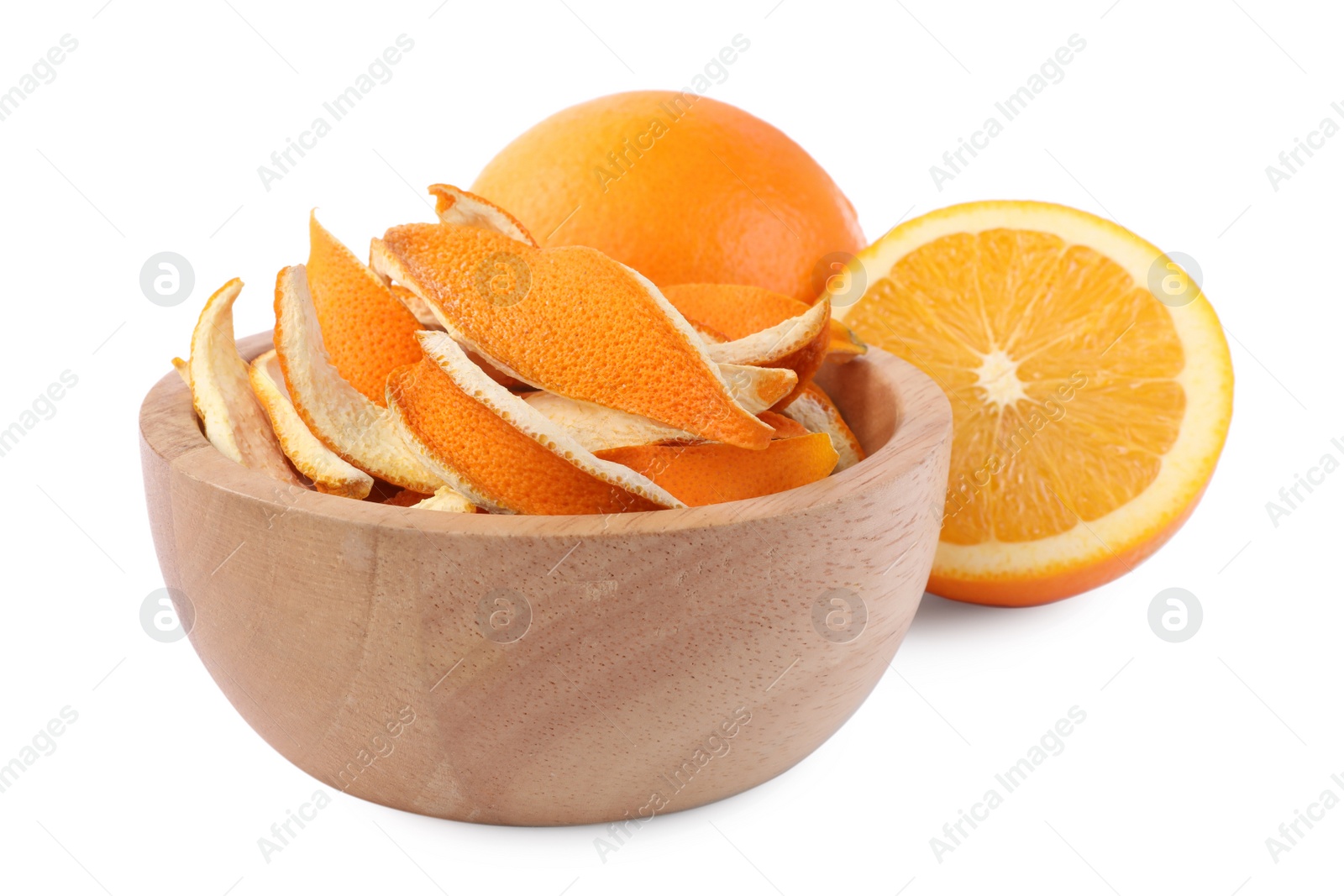 Photo of Bowl with dry orange peels and fresh fruits isolated on white