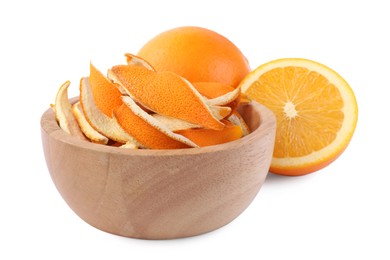 Photo of Bowl with dry orange peels and fresh fruits isolated on white