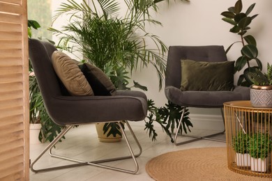 Photo of Lounge area interior with comfortable armchairs and houseplants
