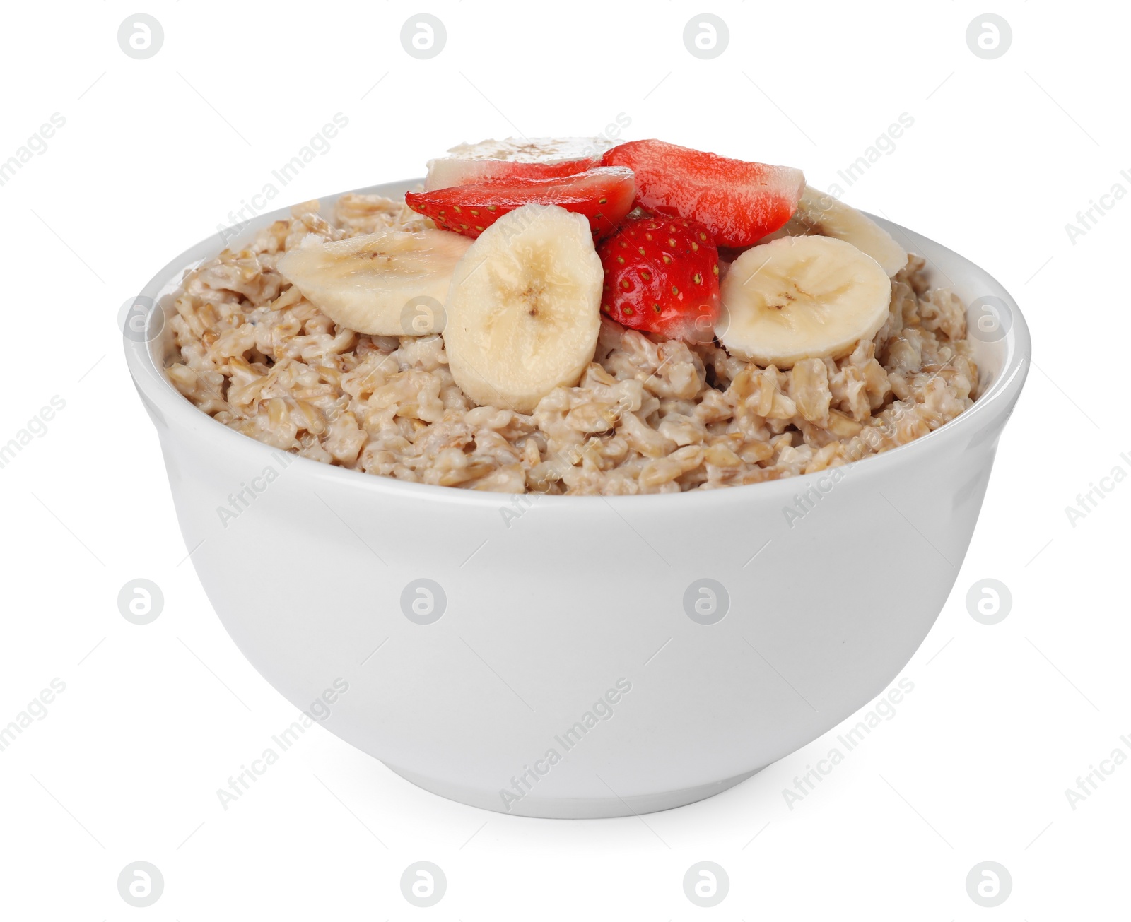 Photo of Tasty boiled oatmeal with strawberry and banana in bowl isolated on white