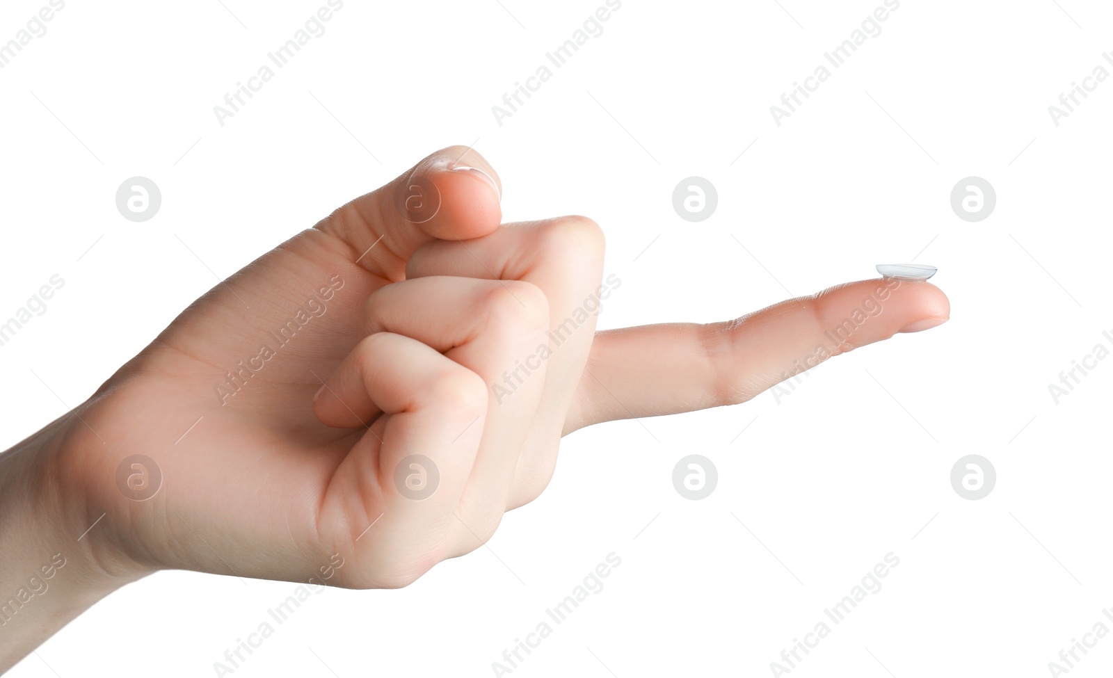 Photo of Woman holding contact lens on white background, closeup