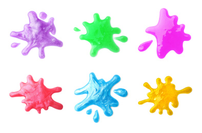 Image of Set of different colorful slimes on white background. Antistress toy 