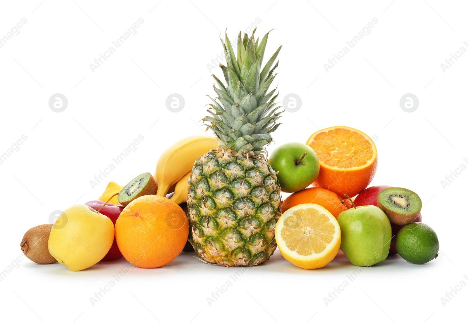 Photo of Rainbow collection of ripe fruits on white background