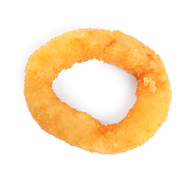 Photo of Delicious onion ring isolated on white, top view