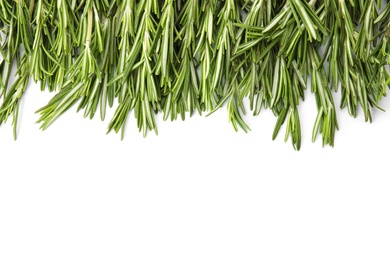 Photo of Fresh rosemary twigs on white background, top view