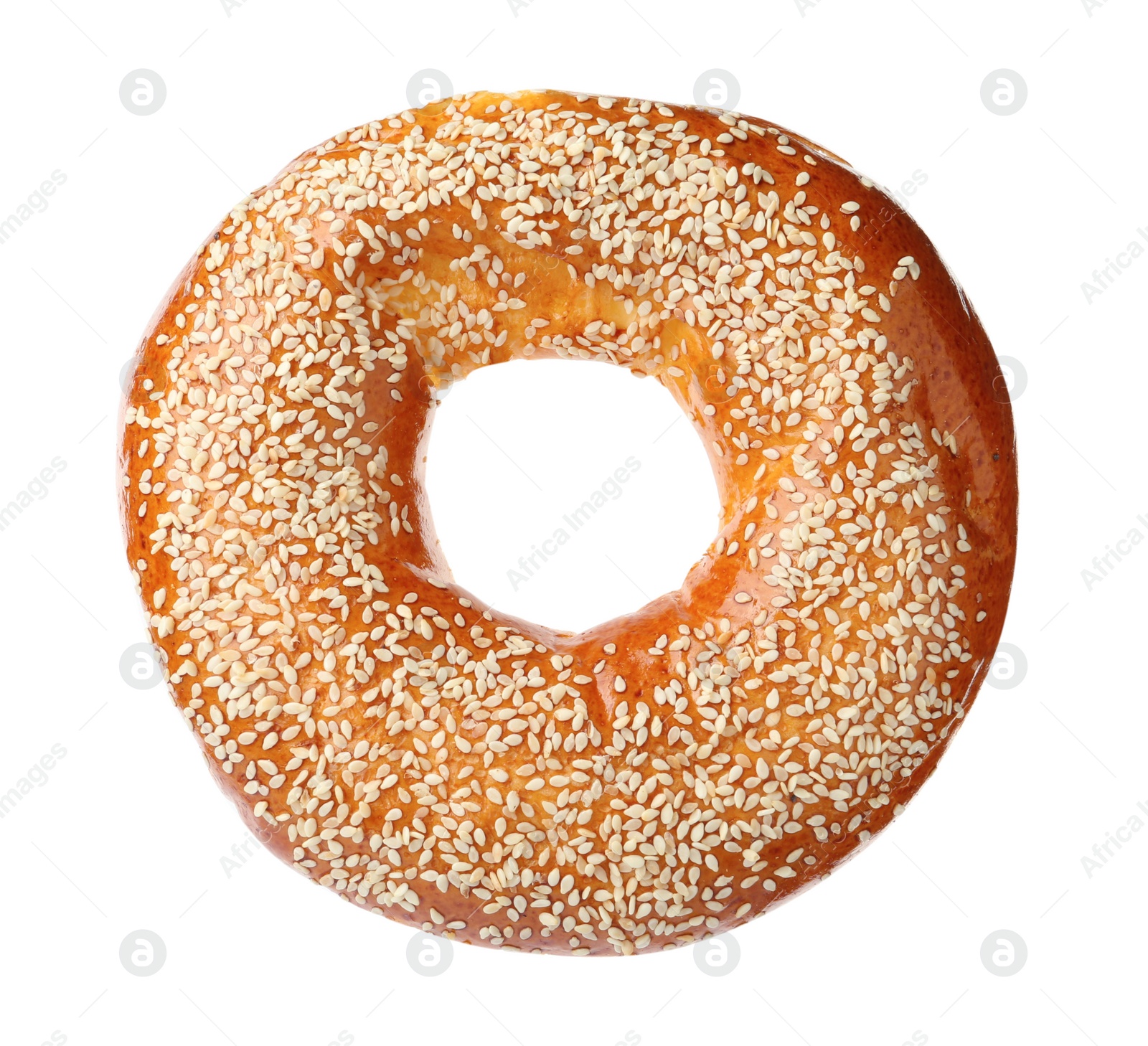 Photo of Delicious fresh bagel with sesame seeds isolated on white