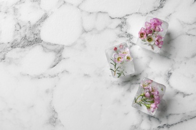 Photo of Floral ice cubes on marble background, top view. Space for text